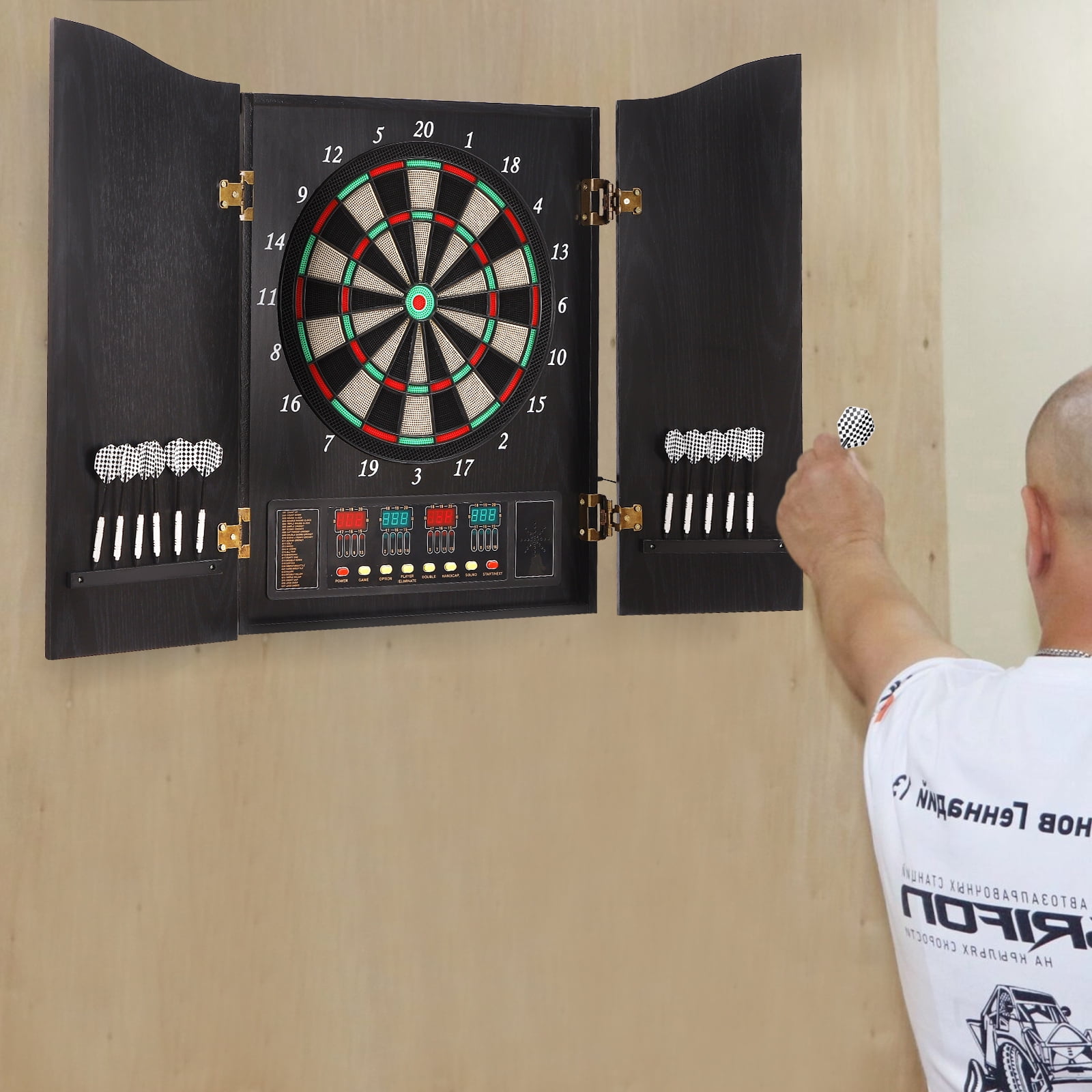 Pro Electronic Dartboard Cabinet Set with LED Digital Scoreboard ,Over 27 Games and 243 Variations ,Cabinet for 12 Soft Tip Darts 88 Tips 16-Player Scoring