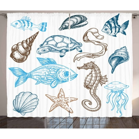 Oyster Living Room Set (Doodle Curtains 2 Panels Set, Underwater Marine Life Aquatic Fish Shell Jellyfish Oyster Squid Seahorse Motif, Window Drapes for Living Room Bedroom, 108W X 84L Inches, Dark Blue Cocoa, by)