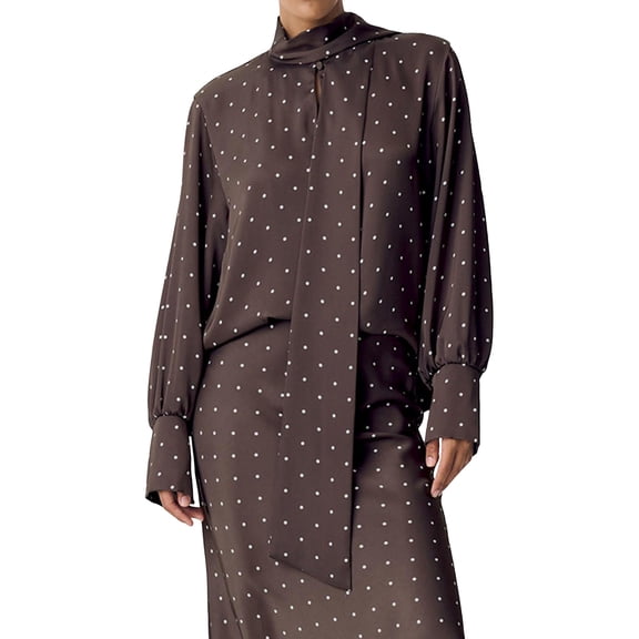 Women Tie Neck Blouse, Button Down Long Sleeve Bodysuits Top Professional Clothes Brown L