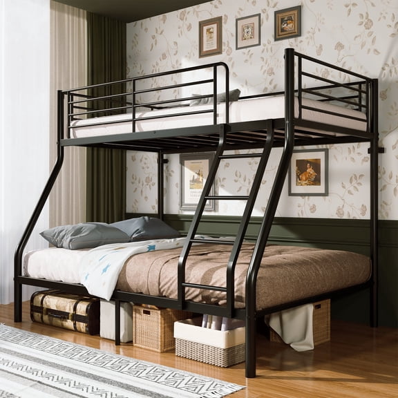 Alukang Twin over Full Metal Bunk Bed Frame with Full‑Length Safety Guardrail and Ladder for Teens Bedroom, Black