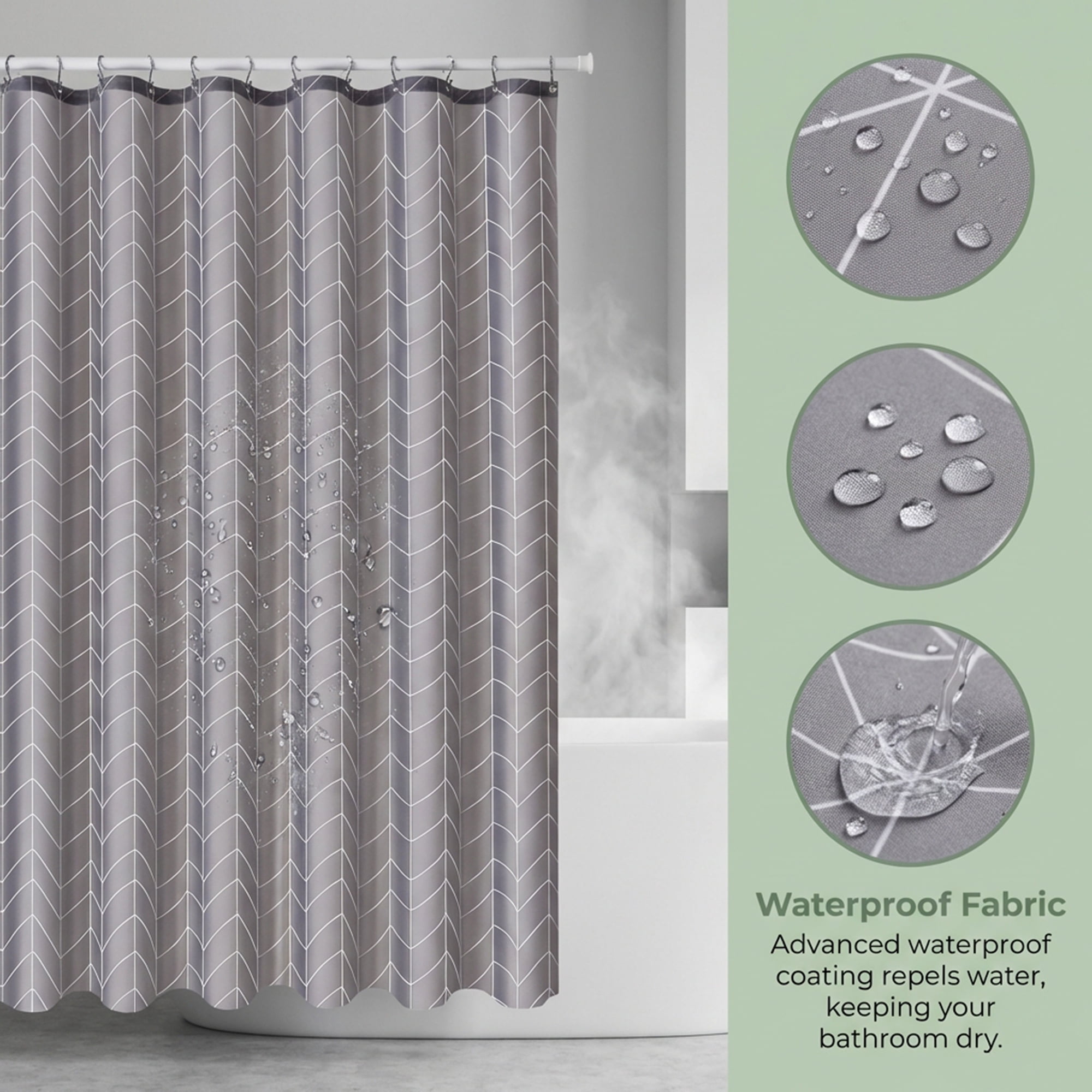 Unique Bargains Waterproof V-Stripe Shower Curtain Sets with 12 Hooks Grey 71"W x 71"L