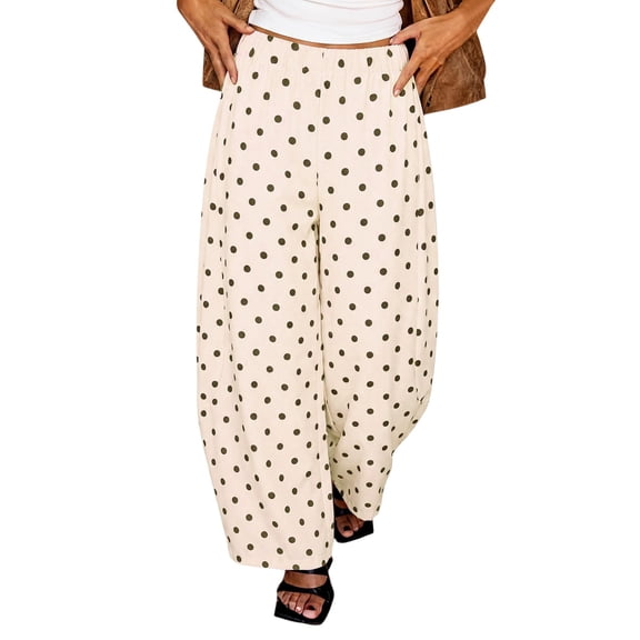 JFGHDG Womens Polka Dot Wide Leg Pants Summer Boho Beach Vacation Elastic Waist Palazzo High Waist Casual Lounge Pants with Pockets Beige L