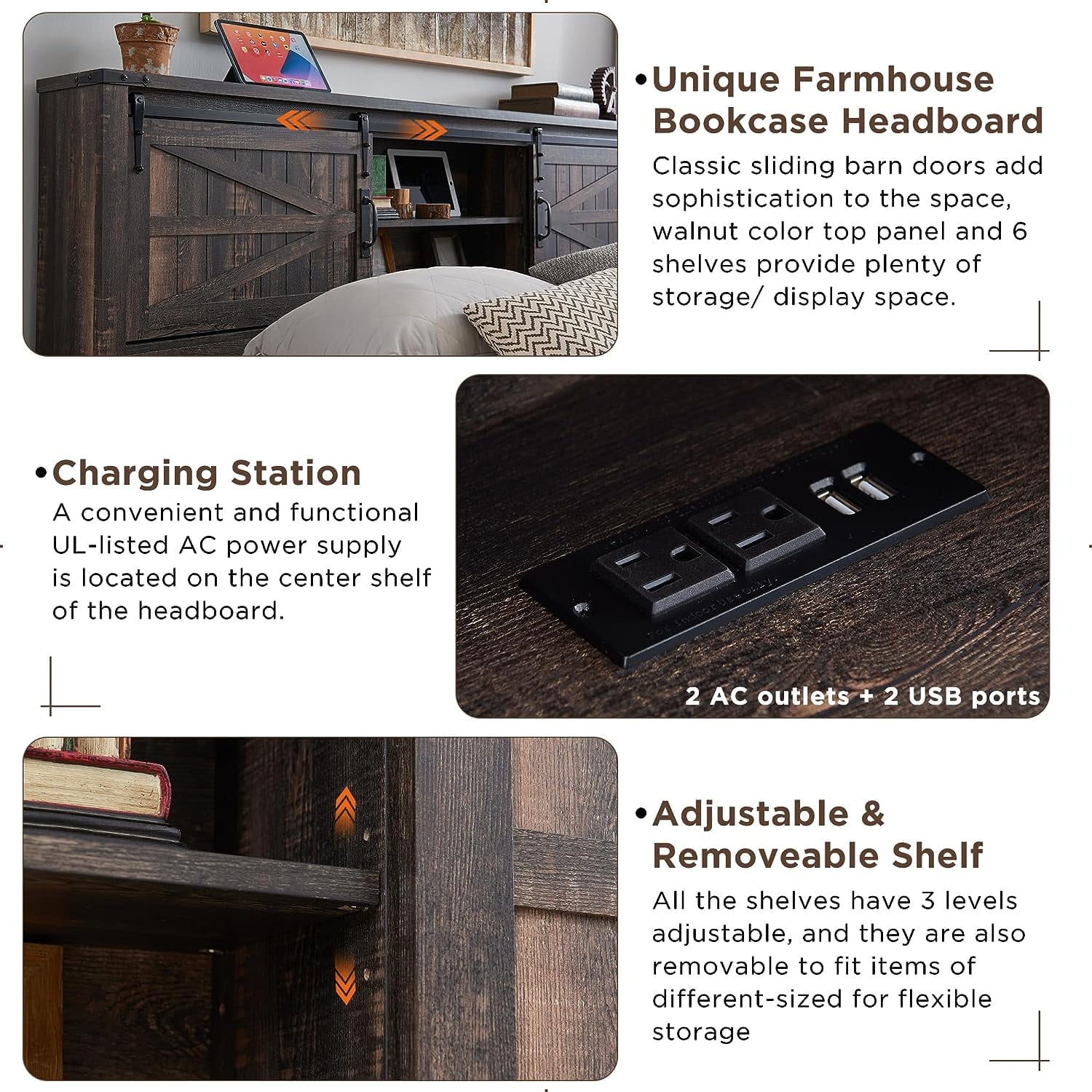 OKD Modern Farmhouse King Platform Bed with Bookcase Headboard Storage and Charging Station, No Box Spring Needed, Dark Rustic Oak