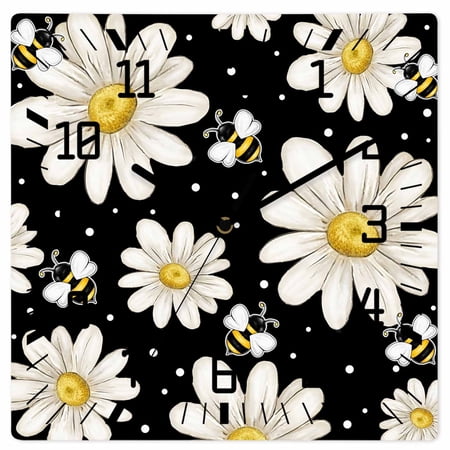 Wall Clock Daisy Floral Operated Square Clocks Wooden Silent Non-Ticking Wallclock 10 Inch Farmhouse Honeybees Flower Black Wood Wall Clock for Living Room Bedroom Office Shool Home Decor