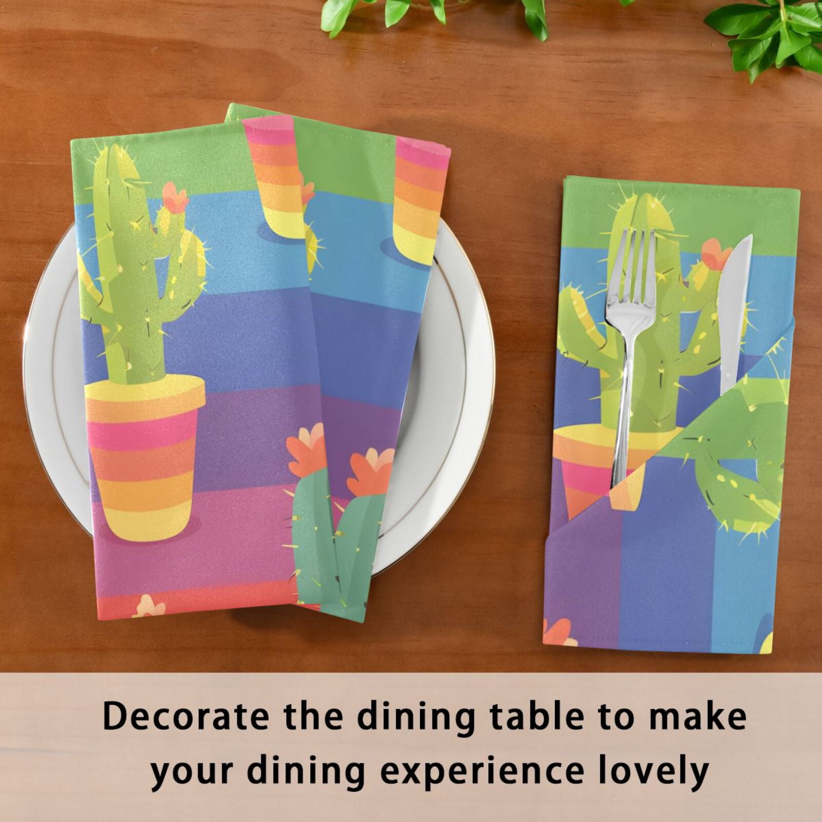 JSTEL Cactus Cacti Rainbow Stripes Cloth Napkins Set of 6, 20x20 Inch Washable and Reusable Napkin for Decoupage Dinner Party Everyday Use