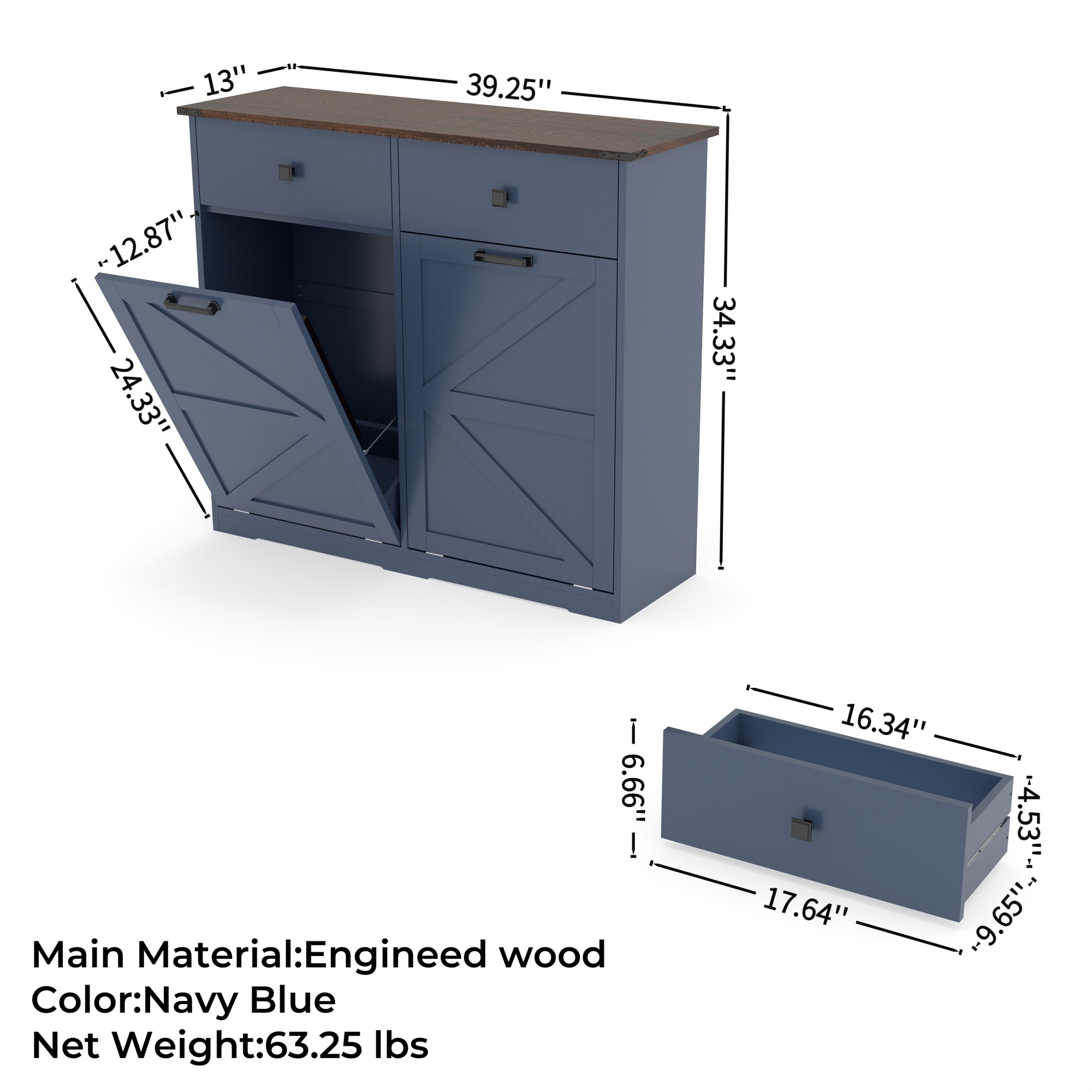 Leumius 20 Gallon Farmhouse Double Tilt Out Trash Cabinet, Free Standing Recycling Cabinet with Hideaway Drawer, Barn Door Style Laundry Sorter Cabinet, Tilt Out Trash Cabinet for Kitchen Blue