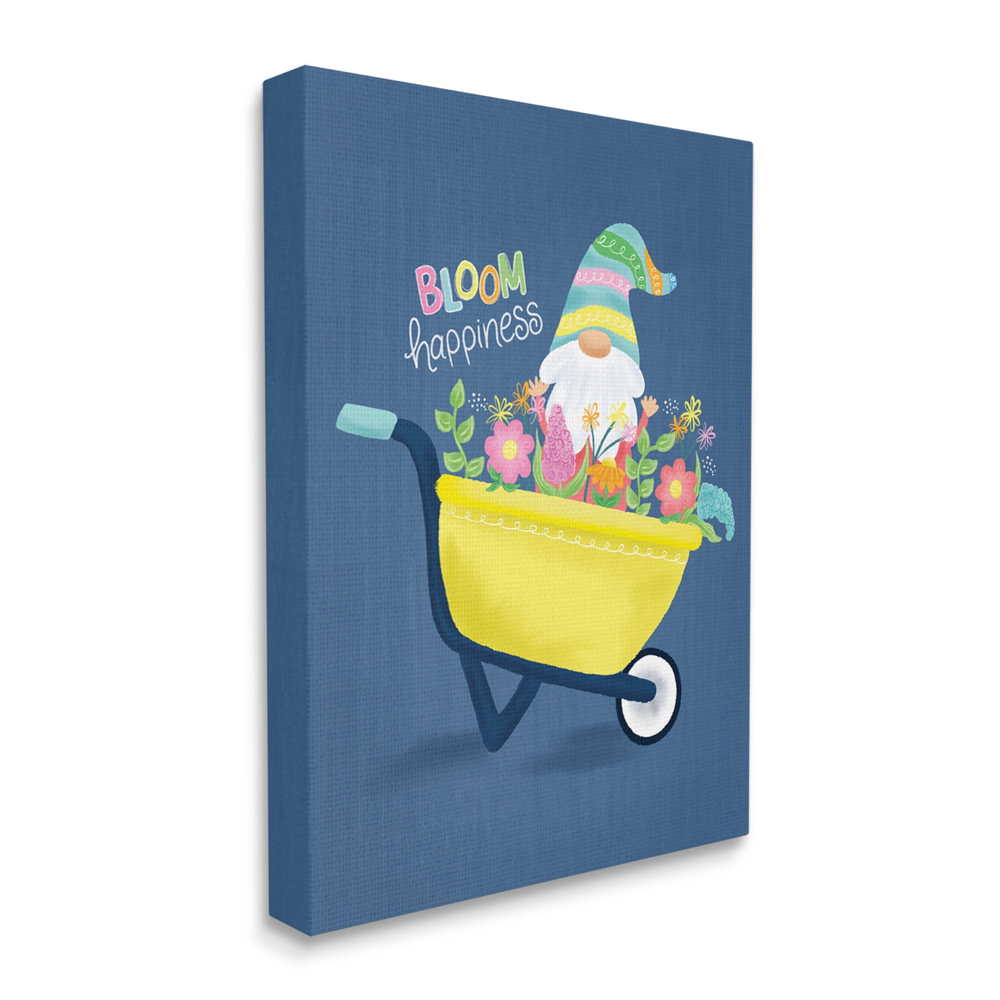 Bloom Happiness Phrase Yellow Flower Wagon Gnome Botanical & Floral Graphic Art Gallery-Wrapped Canvas Print Wall Art