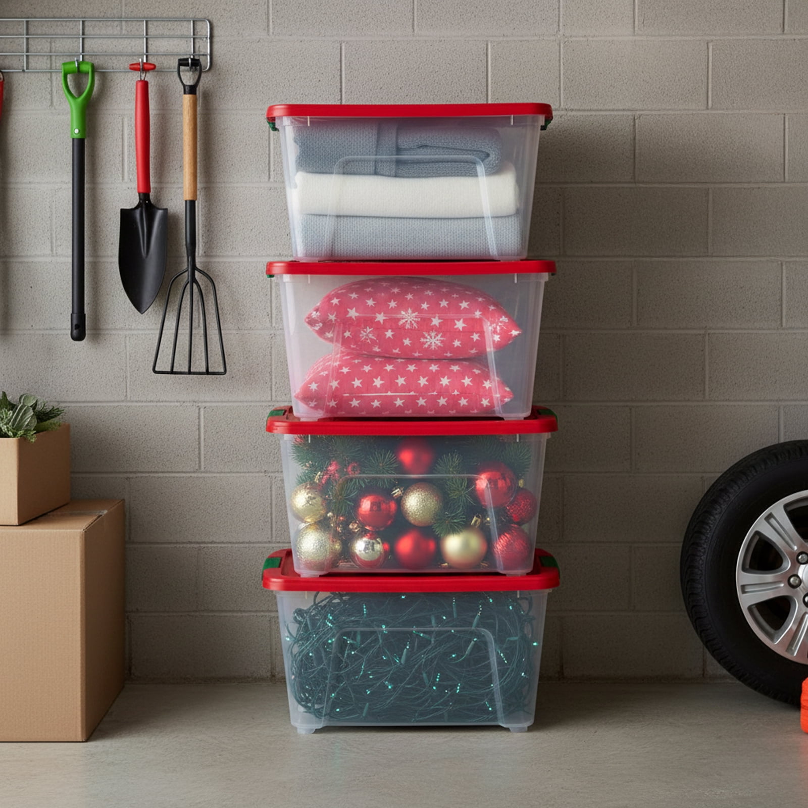IRIS 32 Qt Stackable Holiday Plastic Storage Bins with Lids and Latching Buckles Clear Red 4 Pack