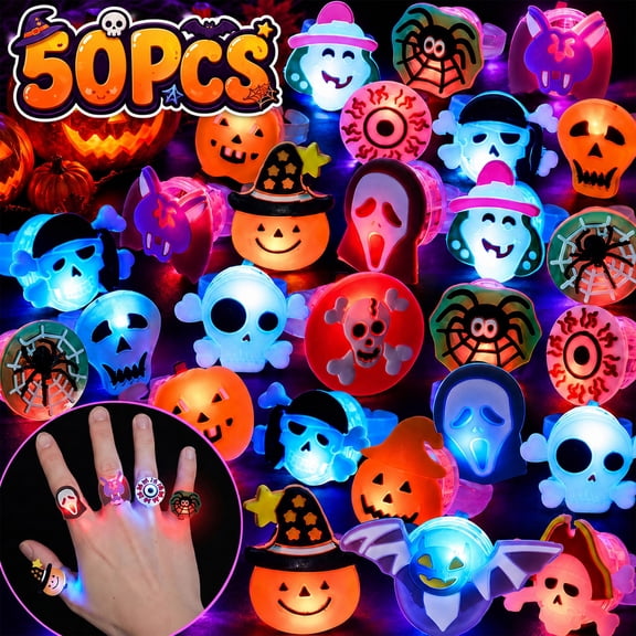DAKIMOE 50pcs Halloween Party Favors Halloween Treats Glow Rings for Halloween Party Supplies Treat Bag Stuffers Non‑candy Gift Bag Fillers