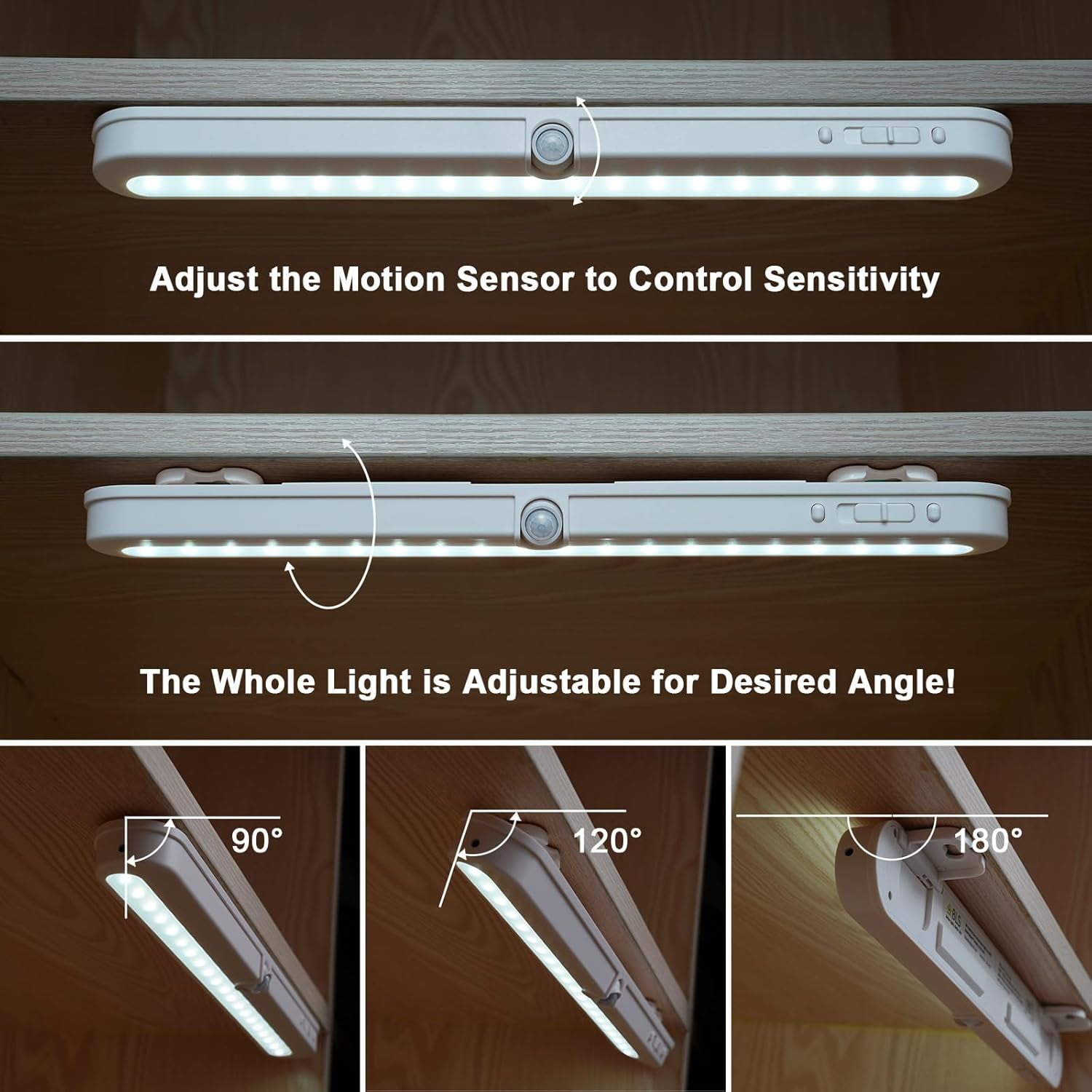 T01L LED Closet Light, Super Bright 20 LED Under Cabinet Lighting Battery Powered/DC Input Wireless Motion Sensing Light, Auto On Off Switch, Motion Sensor & Light Sensor, Light Beam Adjustable