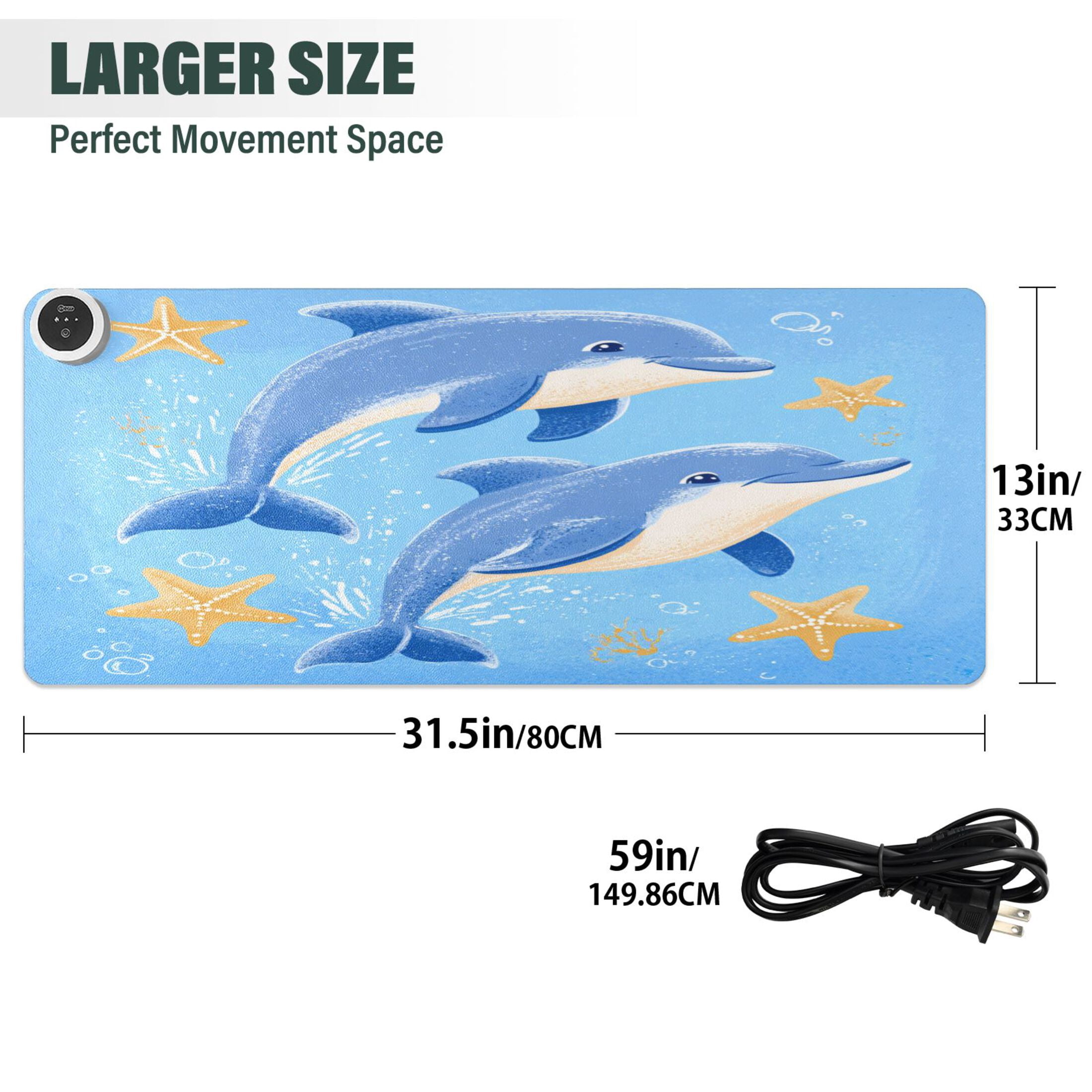 Large Heated Desk Mat Mouse Pad 31.5"x13"PU Leather Graphene Heating Desk Warmer with 3 Temperature Settings 110V US Plug Non-Slip Warm Pad for Home, Office, and Gaming Two Dolphins Jumping Pattern