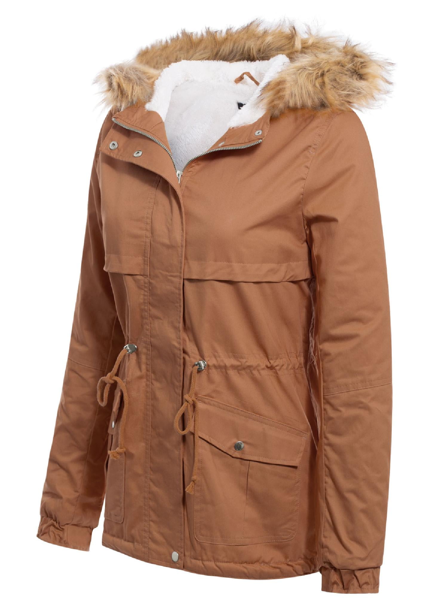 Made by Olivia Women's Junior Fit Faux Fur Lining Warm Casual Military Anorak Safari Hoodie Jacket