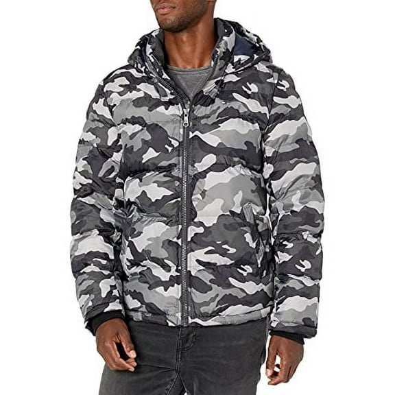 Tommy Hilfiger Men's Hooded Puffer Jacket, Grey camouflage, XX-Large