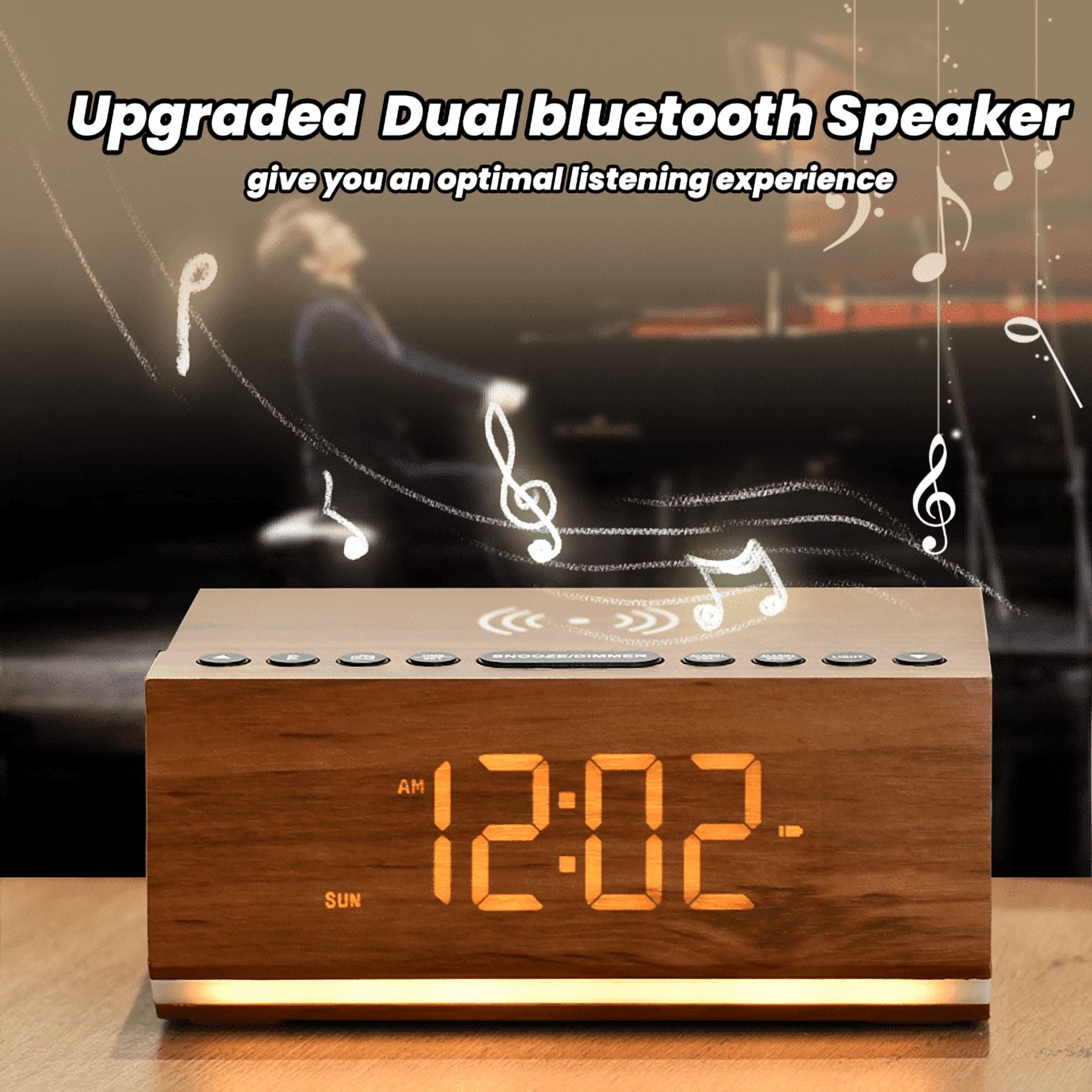 Party Atmosphere Assistant Wood Grain Display Bluetooth Speaker – FM Radio & Bluetooth Alarm Clock, Wireless Phone & USB Charging, Built-in Power System for Long Use During Outages