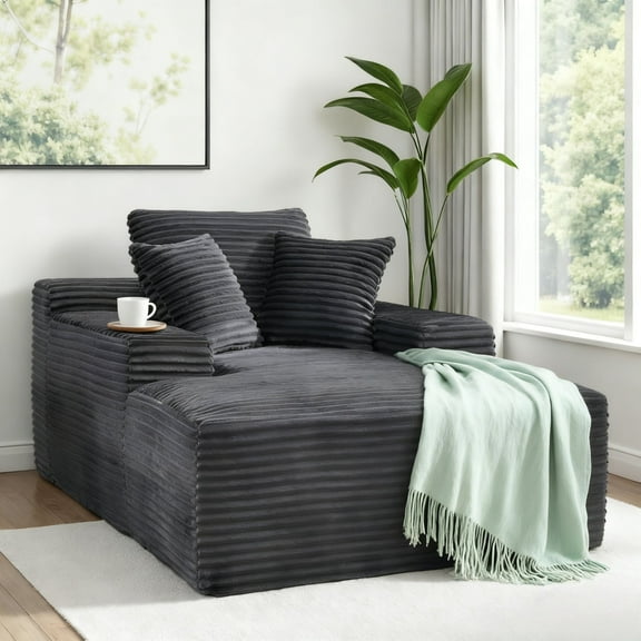 67" Chaise Lounge Chair Indoor Furniture, Corduroy Upholstered Sofa Bed with 3 Pillows Deep Seat Sleeper Couch for Living Room, No Assembly Required, Dark Gray