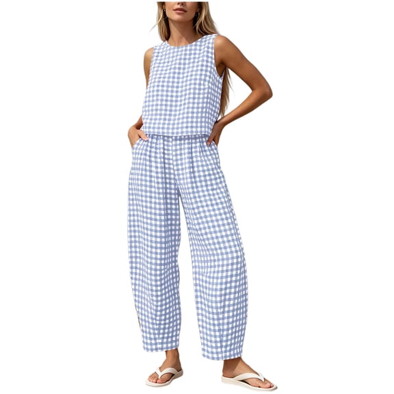 fheaev 2 Piece Outfits for Women Summer Crew Neck Sleeveless Tank Top Wide Leg Pants Matching with Pockets Casual Outfit Light Blue,2XL