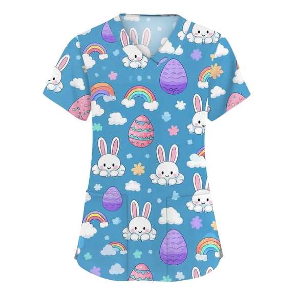 Iaqnaocc Easter Scrubs for Women Funny Bunny Rabbit Easter Egg Print Nursing Uniform Trendy V Neck Side Slits Scrub Tops Holiday Short Sleeve Medical Workwear with Pockets Blue 5XL