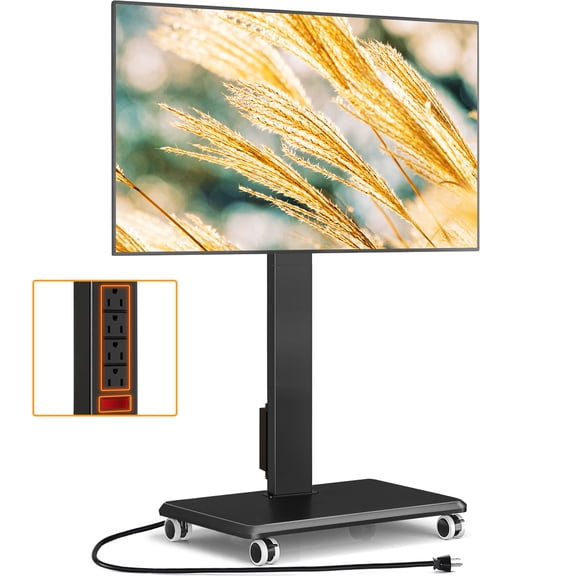 RTVR Rolling TV Stand on Wheels & Power Outlet for 32-70 inch Screens, Adjustable Mobile TV Mount Stand with Storage Wooden Base