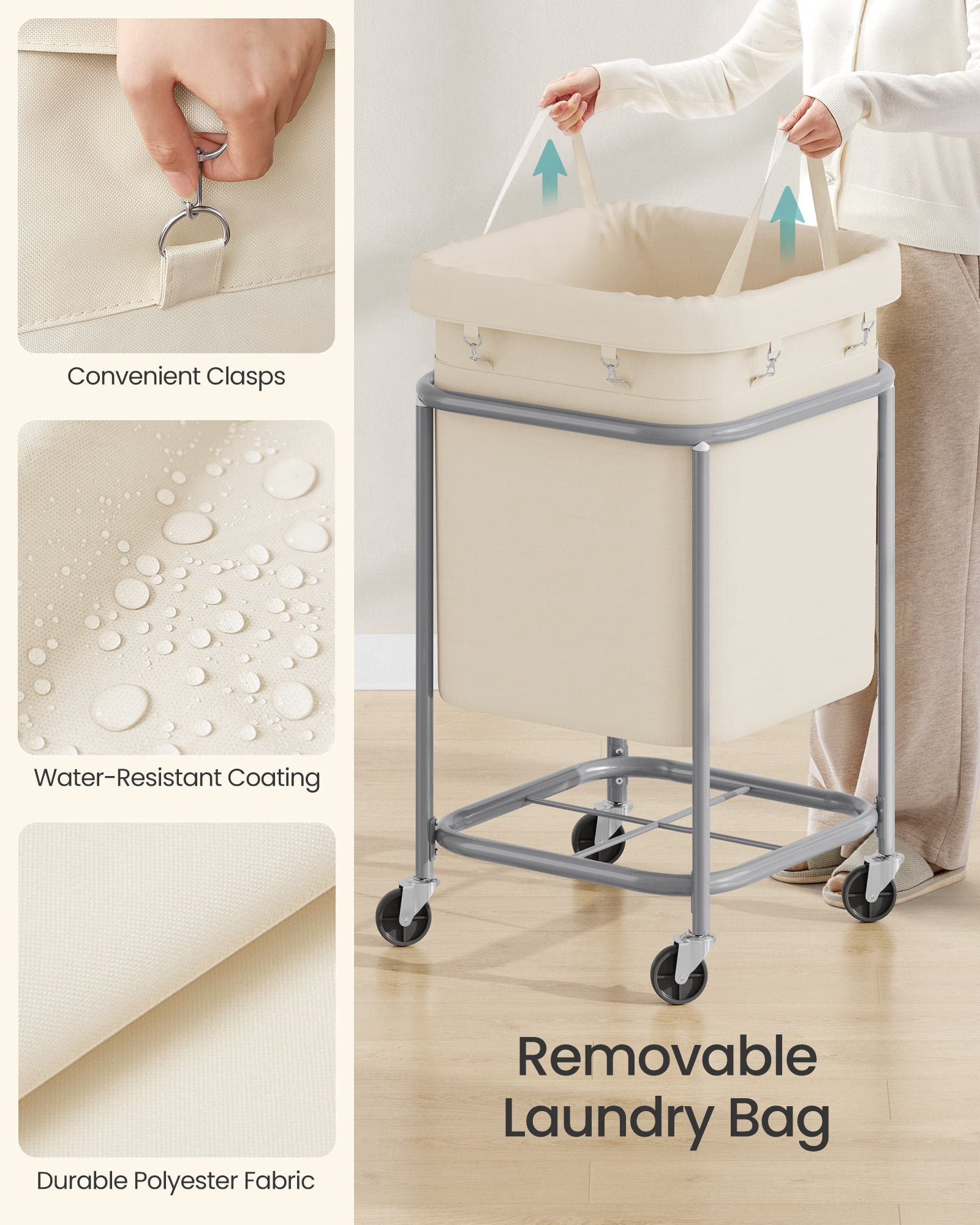 SONGMICS 45-Gallon (170 L) Laundry Basket with Wheels,with Steel Frame and Removable Bag, 2 Locking Wheels, Cream White and Metallic Silver