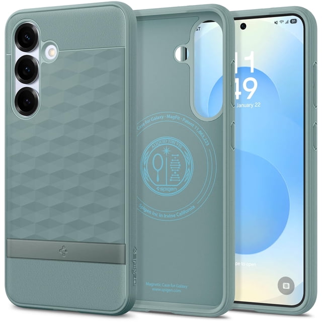 funda spigen parallax magfit para samsung galaxy s25 plus vista frontal y trasera en verde, estuche delgado con panel trasero de cubos hexagonales 3D, bordes elevados alrededor de cámara y pantalla, banda texturizada inferior con logo Spigen, compatible con carga inalámbrica rápida y accesorios magnéticos MagFit; ideal para proteger el teléfono durante viajes y uso diario.