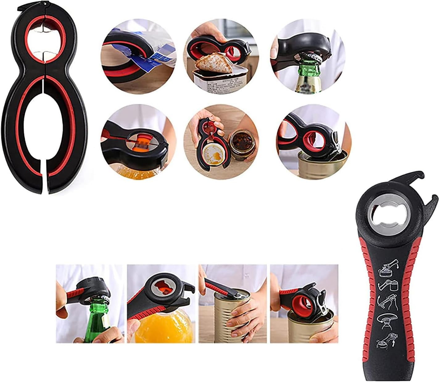 FRKSMD-2 Pack Jar and Bottle Opener Set, 6-in-1 Multi-Function Can Opener & 4-in-1 Jar Opener, Non-Slip Grip Lid Remover for Seniors, Arthritis, Weak Hands, Kitchen Bottle Cap & Ring Pull Opener
