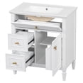 thumbnail image 1 of white 30" Bathroom Vanity with Ceramic Sink, Solid Rubberwood Frame & Legs, Tip-Out Top Drawer + 2 Pull-Out Drawers, Soft-Close Hinges, Adjustable Shelf, 1 of 25
