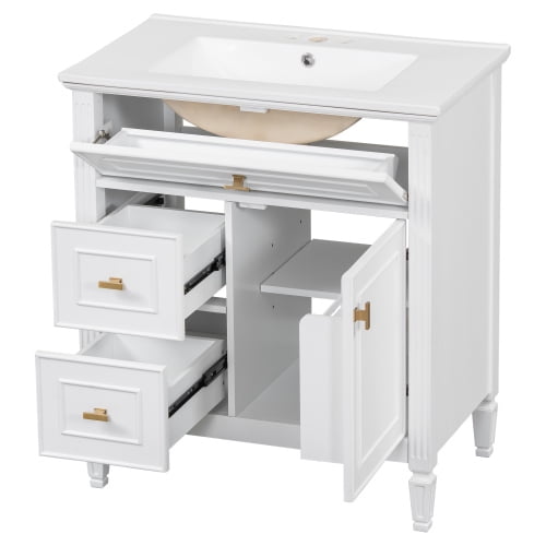 white 30" Bathroom Vanity with Ceramic Sink, Solid Rubberwood Frame & Legs, Tip-Out Top Drawer + 2 Pull-Out Drawers, Soft-Close Hinges, Adjustable Shelf
