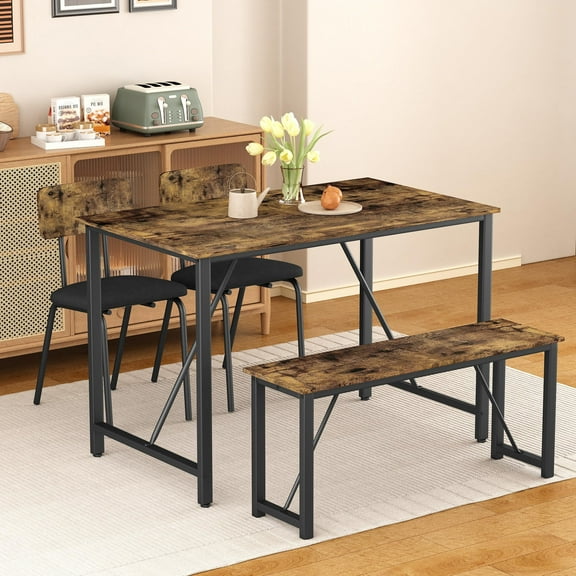 Dining Table Set, 4 Piece Dining Room Table Set for Small Spaces, Kitchen Table with 2 PU Leather Upholstered Chairs and a Long Bench, Space-Saving Table Set for Kitchen, Dining Room, Restaurant
