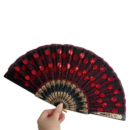

XIUH Spanish Lace Silk Folding Hand Held Dance Fan Flower Pattern for Party Wedding G