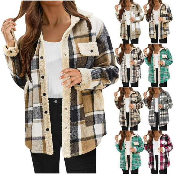Brnmxoke Plaid Jackets for Women Causal Sherpa Fleece Flannel Shacket Jacket Loose Collared Button Down Long Sleeve Fall Winter Coats Tops