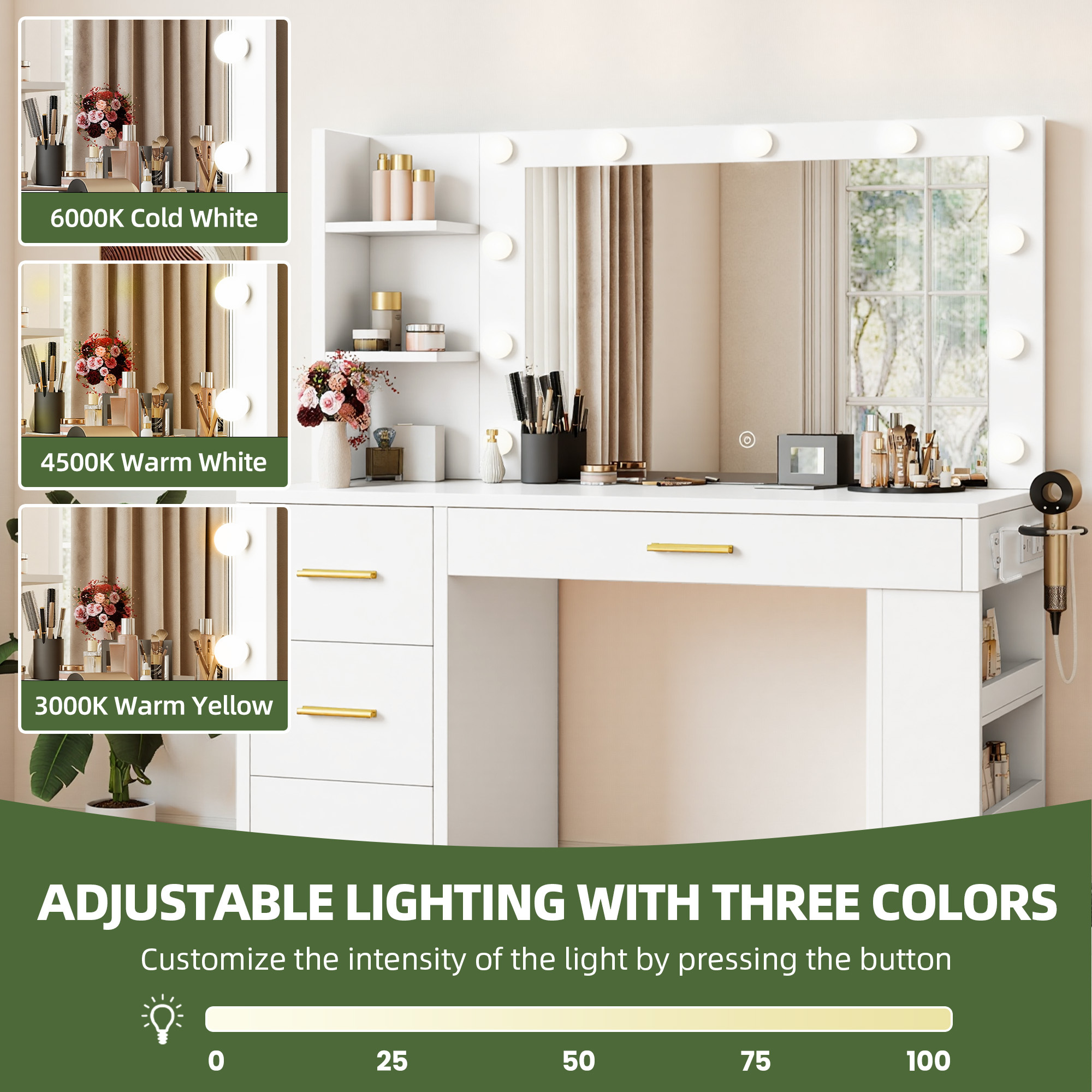 Uforic 39.5" White Farmhouse Vanity Desk with Dimmable LED Mirror, 4 Drawers, 6 Shelves, USB Charging – Dressing Table for Bedroom