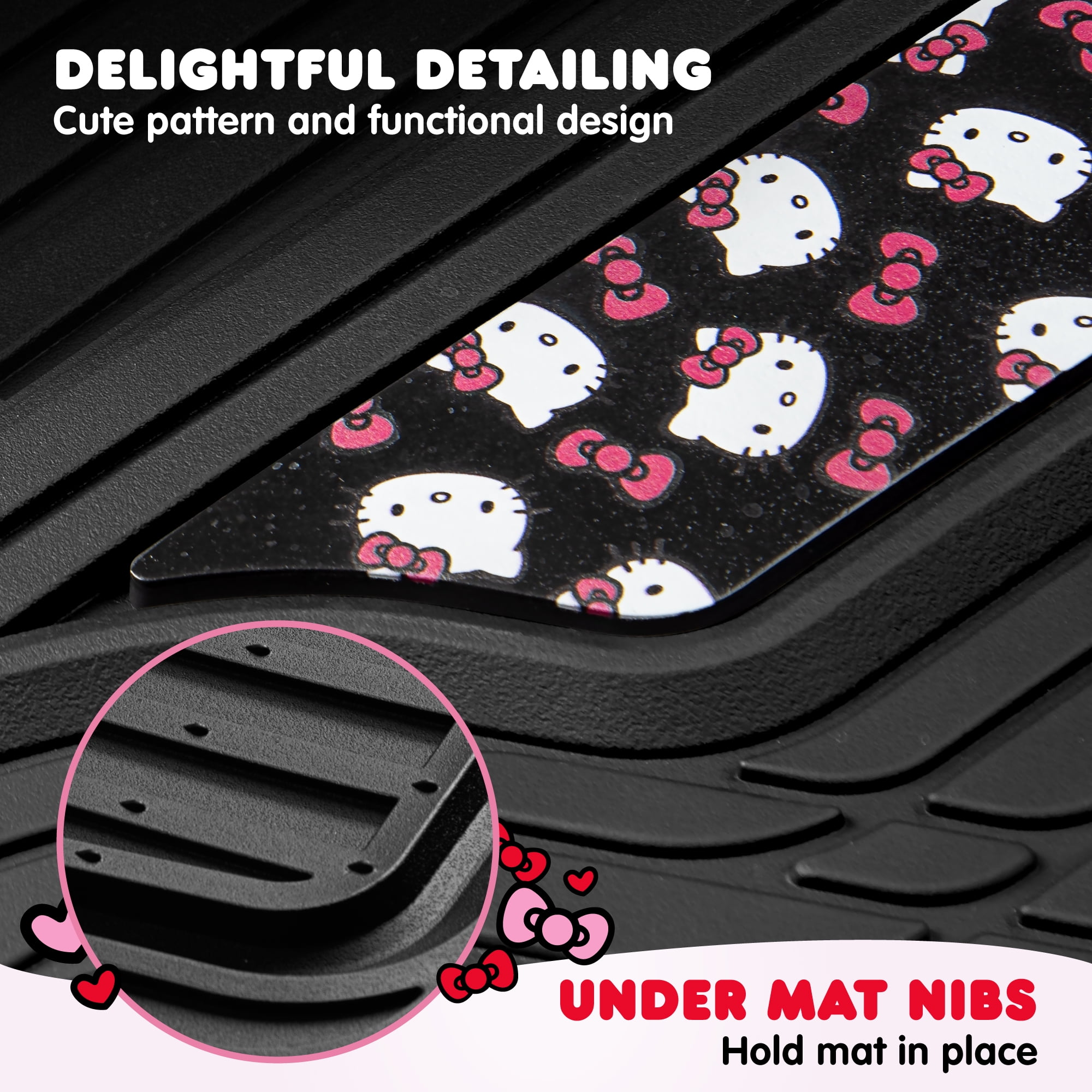 Hello Kitty Cute Rubber Car Floor Mats, Heavy Duty Non-Slip 4-Piece Set, Cute Universal Auto Accessory, for Car Truck SUV Van, Black
