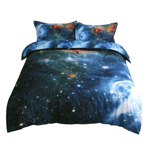 PiccoCasa Galaxy Duvet Cover Set Queen Comforter Cover Set for Kids, Blue 3 Piece
