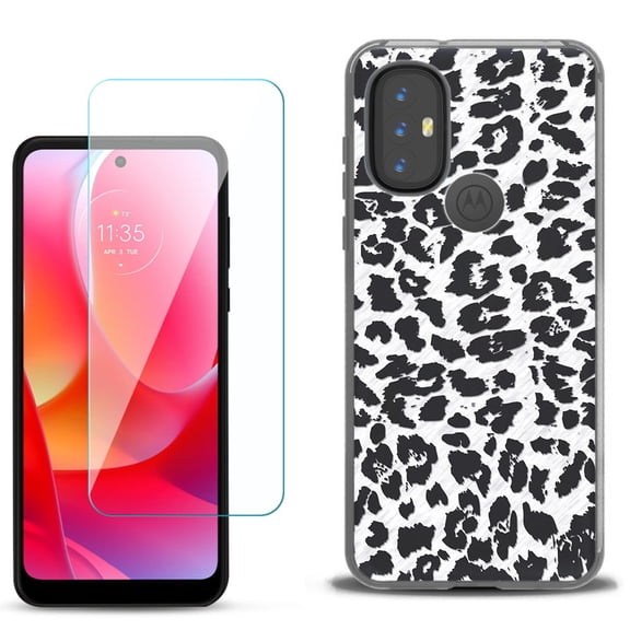 Slim-Fit Gel TPU Phone Case for Motorola Moto G Power 2022, with Tempered Glass Screen Protector, by OneToughShield ® - Cheetah B/W