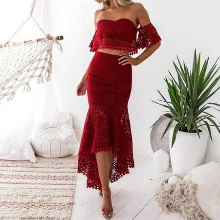 

cllios Fashion Women Summer Lace Solid Casual Short SLeeve Top+ Skirt Set for Women 2022