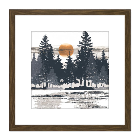 Moody Sunrise Pine Forest Snow Winter Landscape Square Wooden Framed Wall Art Print Picture 8X8 Inch