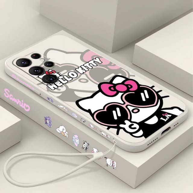 Sanrio Hello Kitty Cartoon Liquid Left Rope For Samsung Galaxy S24 S23 S22 S21 S20 FE S10 Ultra Plus Lite 5G Cover Funda Gift Festivals