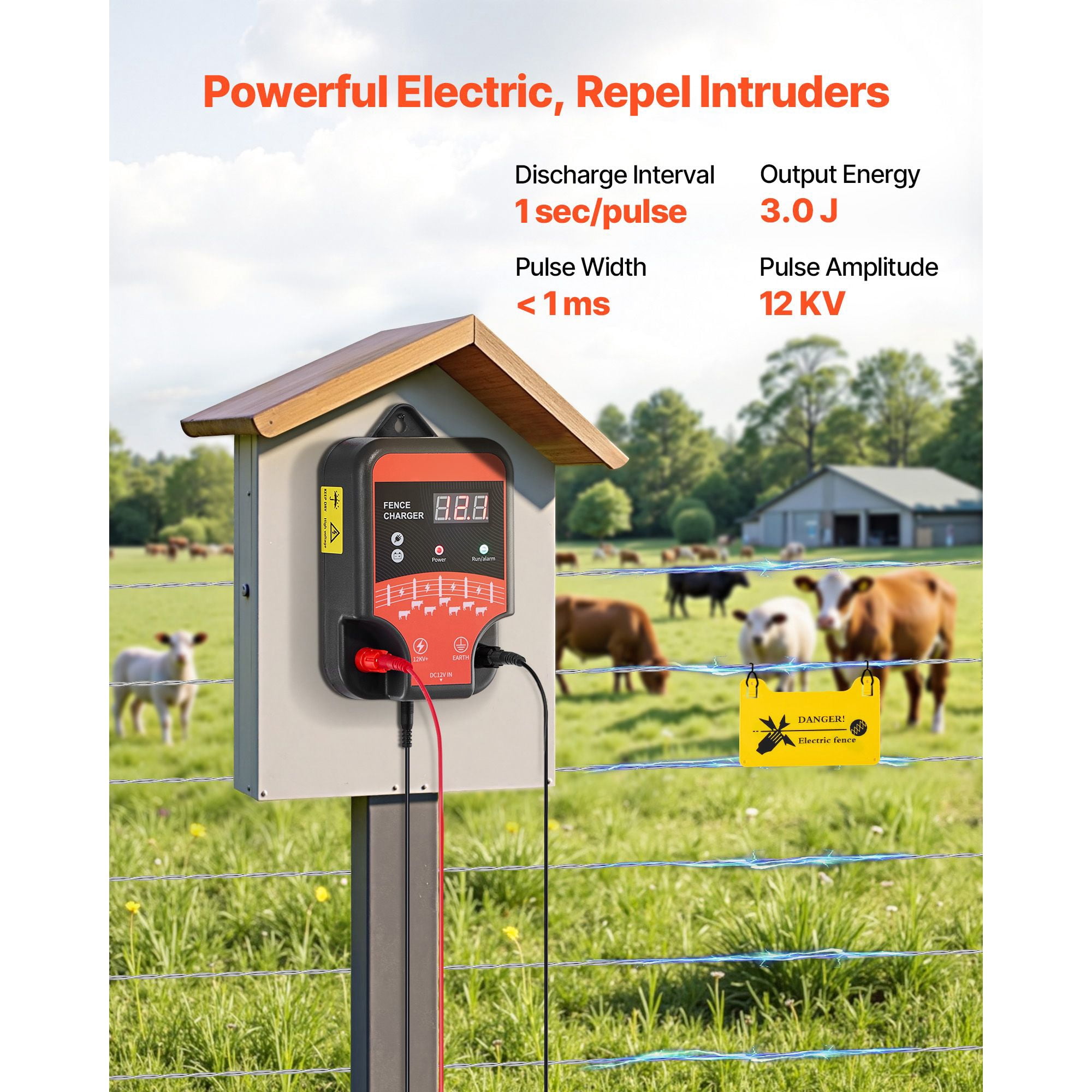 Electric Fence Charger, 3 Joule 12kV Output, Supports AC/DC/Solar Power, IP65 Waterproof, -40°F to 131°F, 1-3 km Range for Livestock and Wildlife Protection