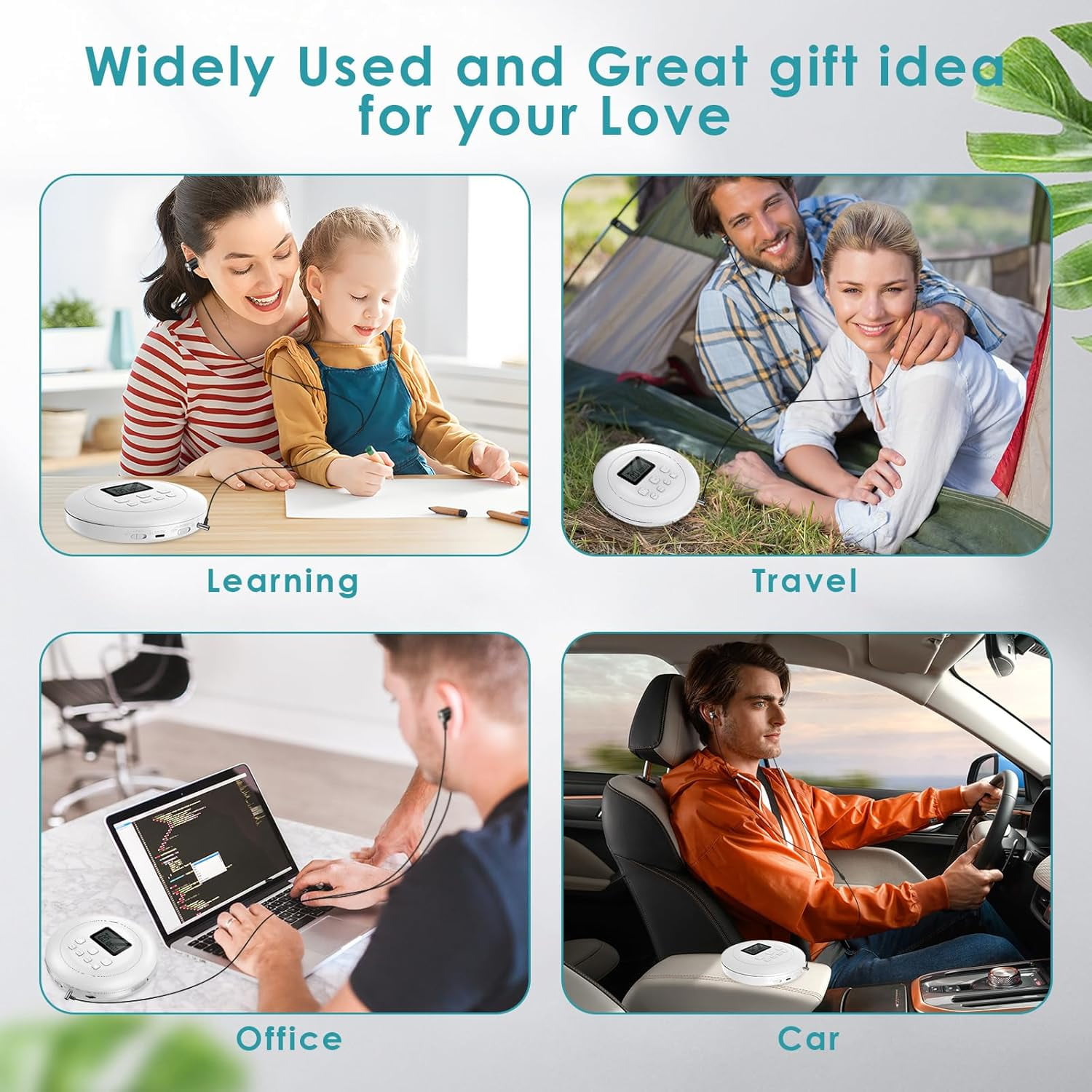 Gueray CD Player Portable Walkman, CD Player for Car Anti-Skip Shockproof, CD Players for Home with Headphones Jack USB AUX & LCD Display CD Disc, White