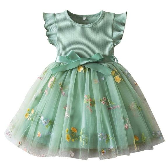 Gaexia Girls Dresses ,Toddler Children Girls Fly Sleeve Bowknot Embroidered Flowers Prints Dresses Dress Clothes (Green,4-5 Years)