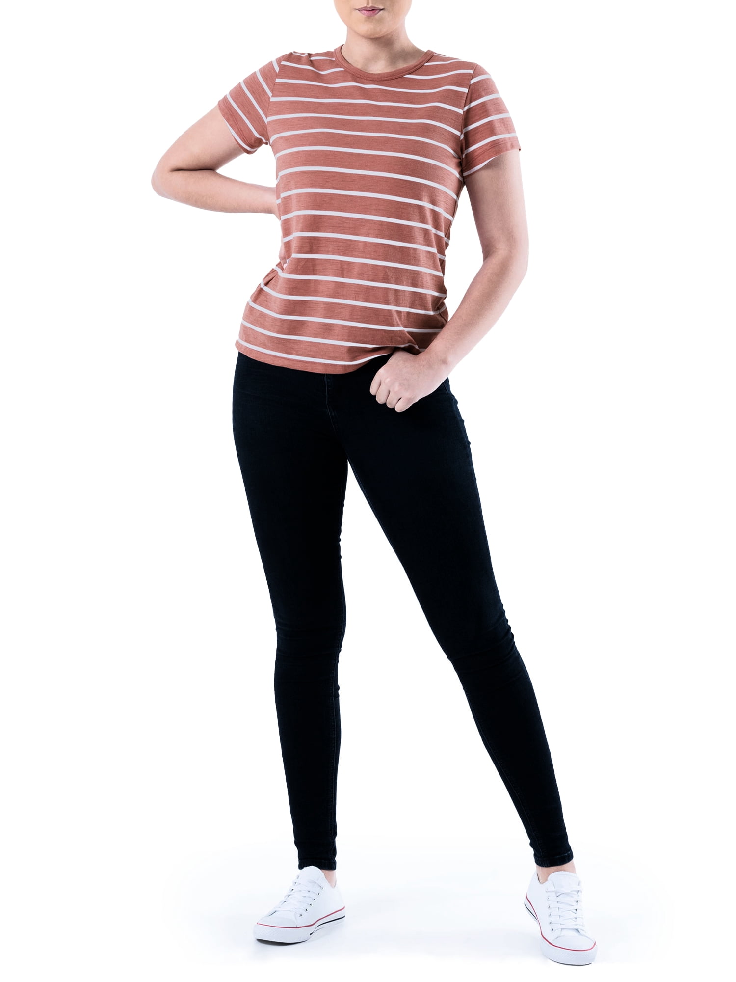 Time and Tru Womens Striped Short Sleeve Slub Crew Neck T-Shirt, 2-Pack