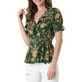 thumbnail image 5 of INSPIRE CHIC Women's Tops Floral V Neck Short Sleeves Round Hem Ruffle Peplum Blouse 2XL Green, 5 of 7