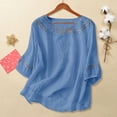thumbnail image 2 of ZHENHONG T Shirts for Women,Solid Ladies' Casual Cotton Linen Blouse Classic Retro Drop Shoulder Embroidered T Shirt,Blue Women Blouses, 2 of 9