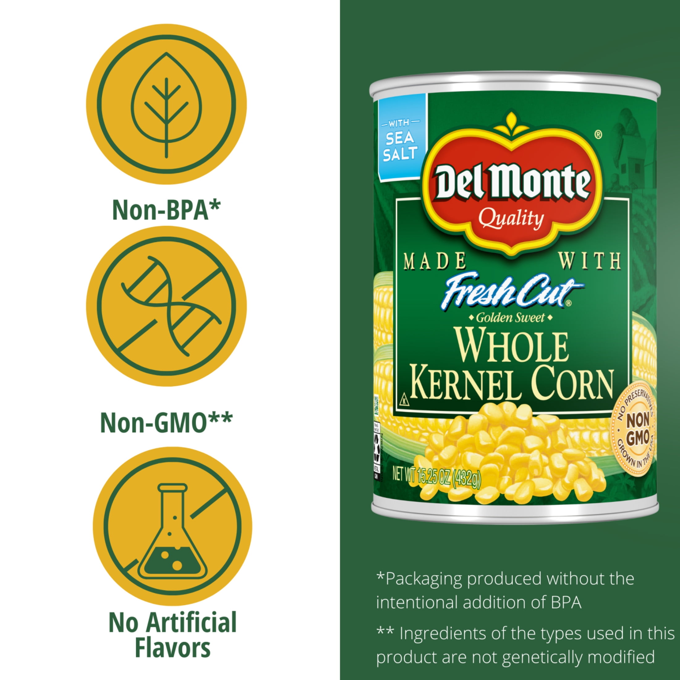 (24 pack) Del Monte Fresh Cut Golden Sweet Whole Kernel Corn, Canned Vegetables, 15.25 oz Can