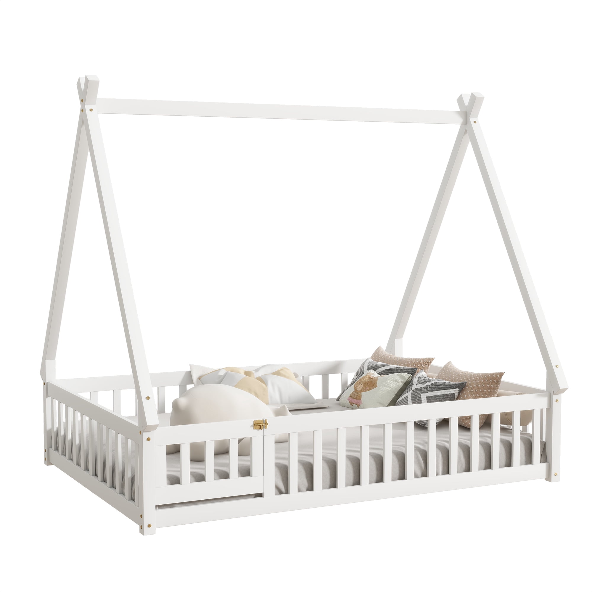 Sailvan Full Size Rubber Wood Tent-shaped Floor Bed,with Guardrails,Slats and Door