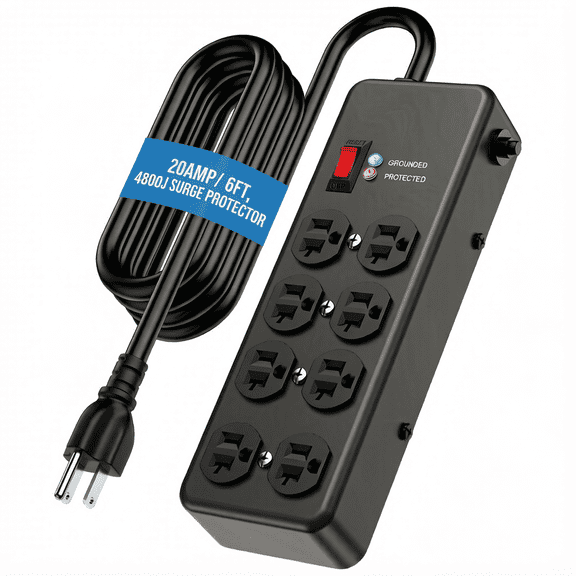 VILONG 20 Amp Power Strip Heavy Duty Surge Protector, 4800J, Wall Mount, 6ft 12 Gauge Extension Cords Adapters Plug for Indoor, Black