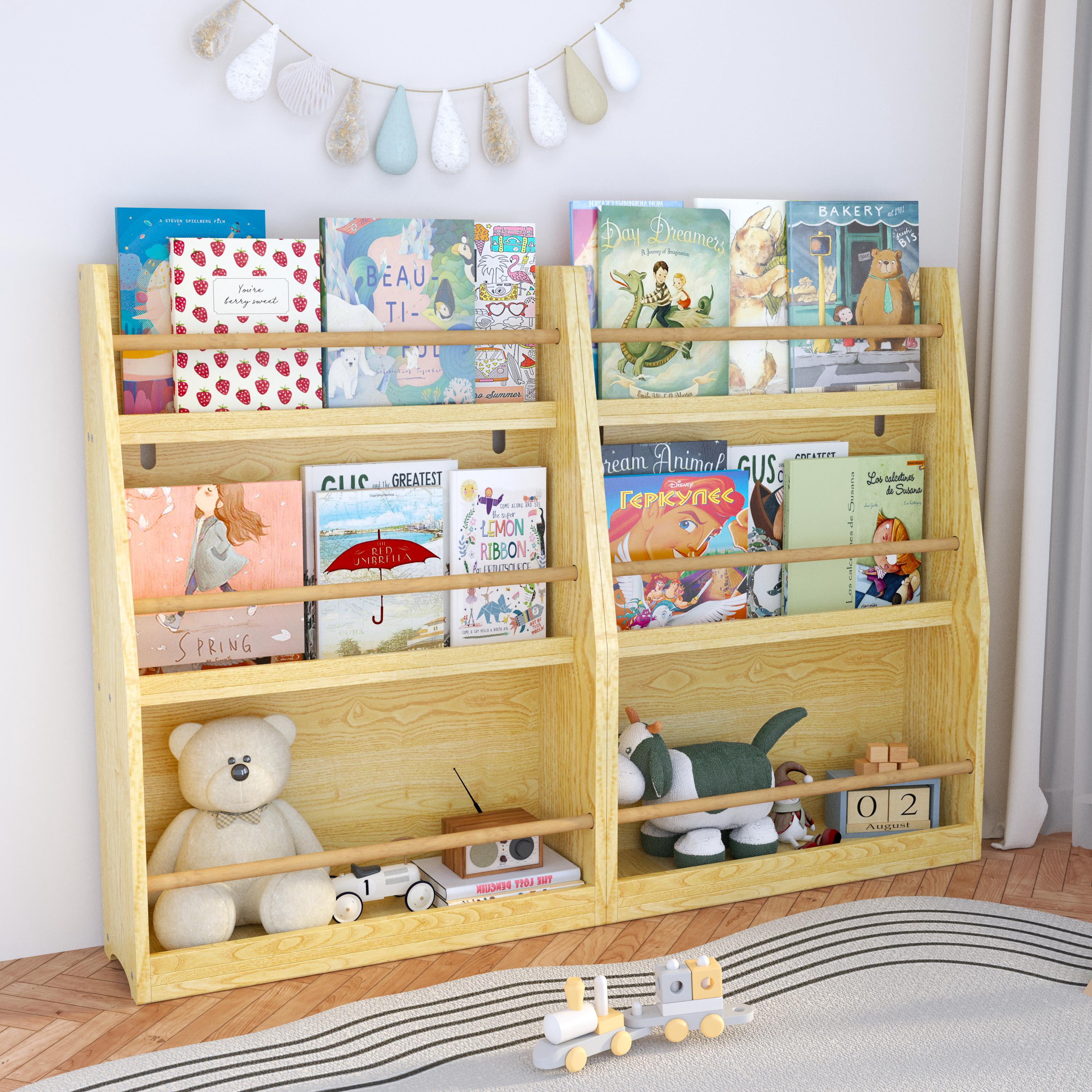 Yoneston Kids 3-Tier Bookcase with Wood Rails, Children's Standing Display Bookshelf for Playroom, Bedroom, Nursery, Natural
