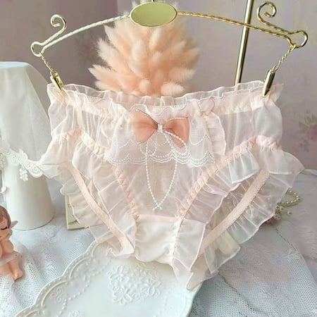 Mesh See Through Lace Knickers Princess Sexy Underwear Womens Panties Ruffle Briefs Lingerie PINK L
