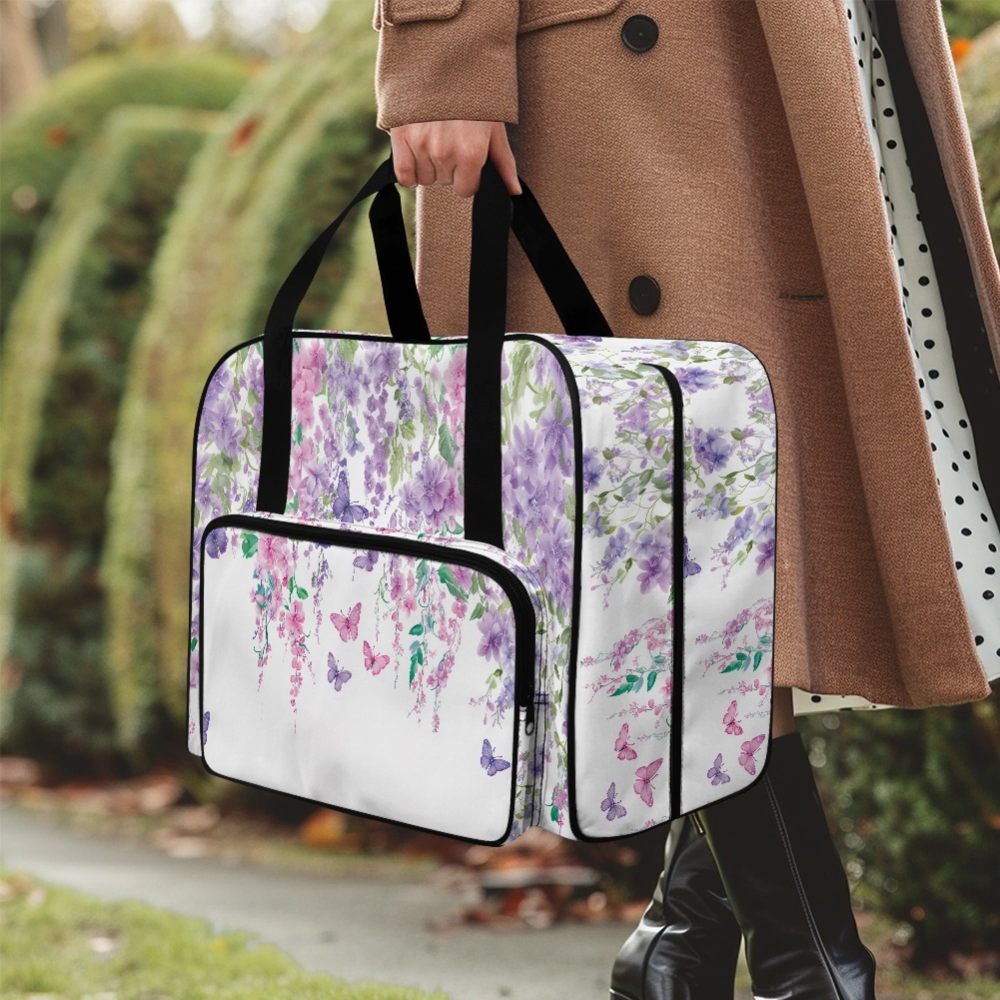ZIATUBLE Butterfly Sewing Machine Travel Case Floral Carrying Travel Storage Universal Organizer Bag with Zipper Sewing Machine Accessory Organizer Fits Most Sewing Machines