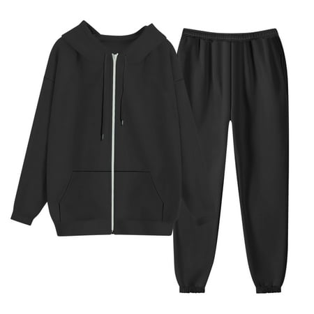 YDFCWXW Tracksuit set for Women Athletic 2 Piece Casual Zip up Full Hoodie Jogging Outfits 2025 Fall Black XXL
